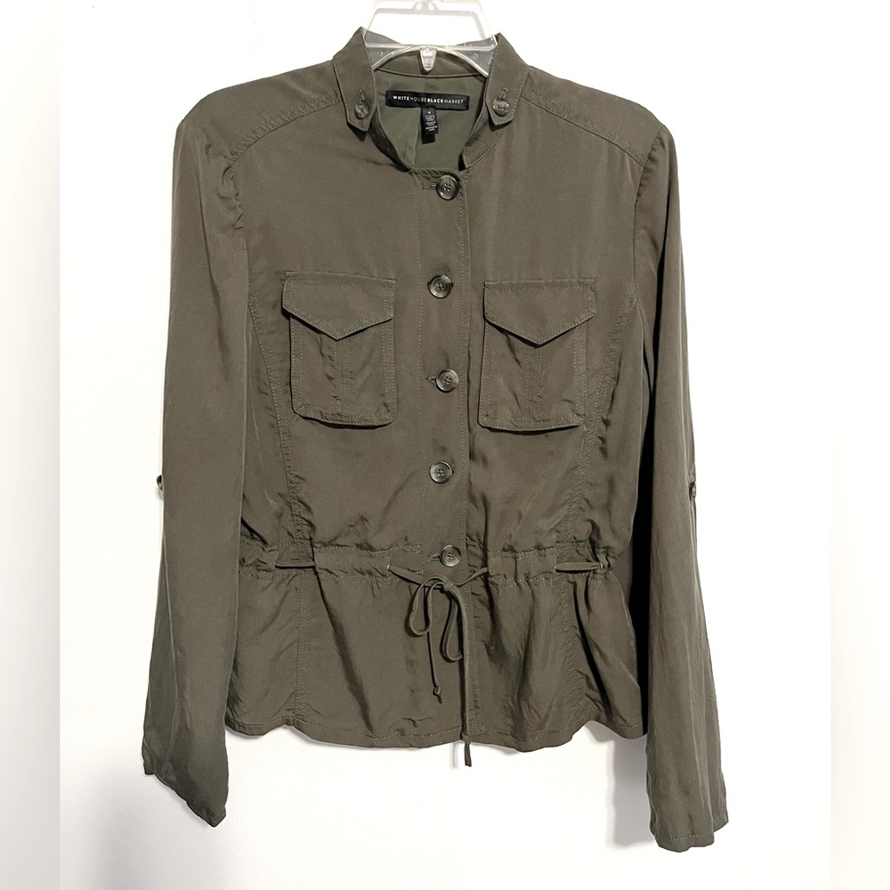 White House Black Market Olive Green Cinch Waist Light Utility Jacket. Sz 4